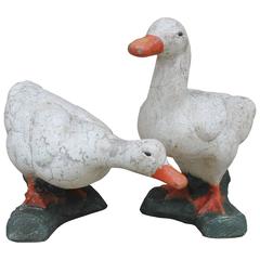 Antique Pair of Folky Painted Concrete Ducks Garden Statues