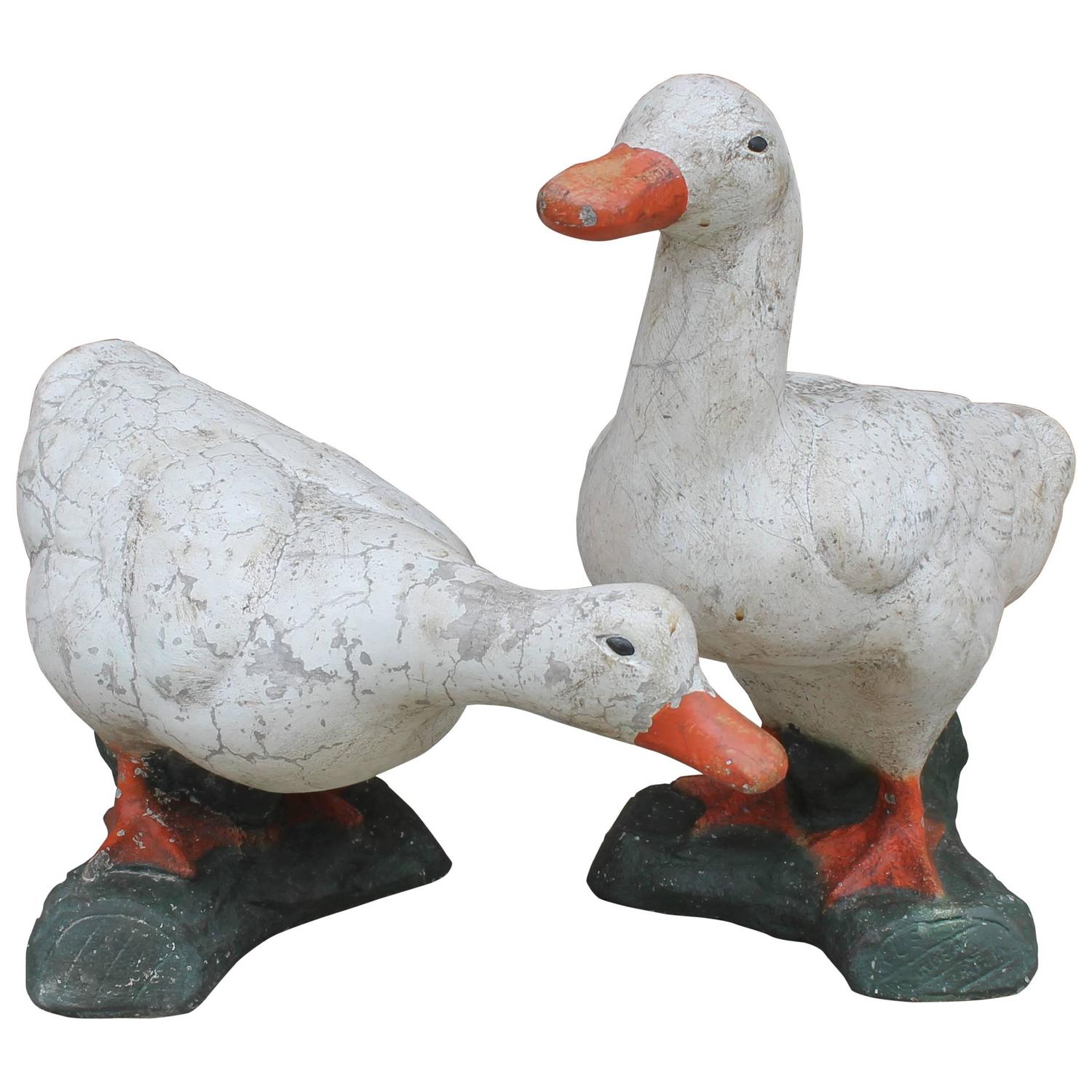 Pair of Folky Painted Concrete Ducks Garden Statues at 1stdibs