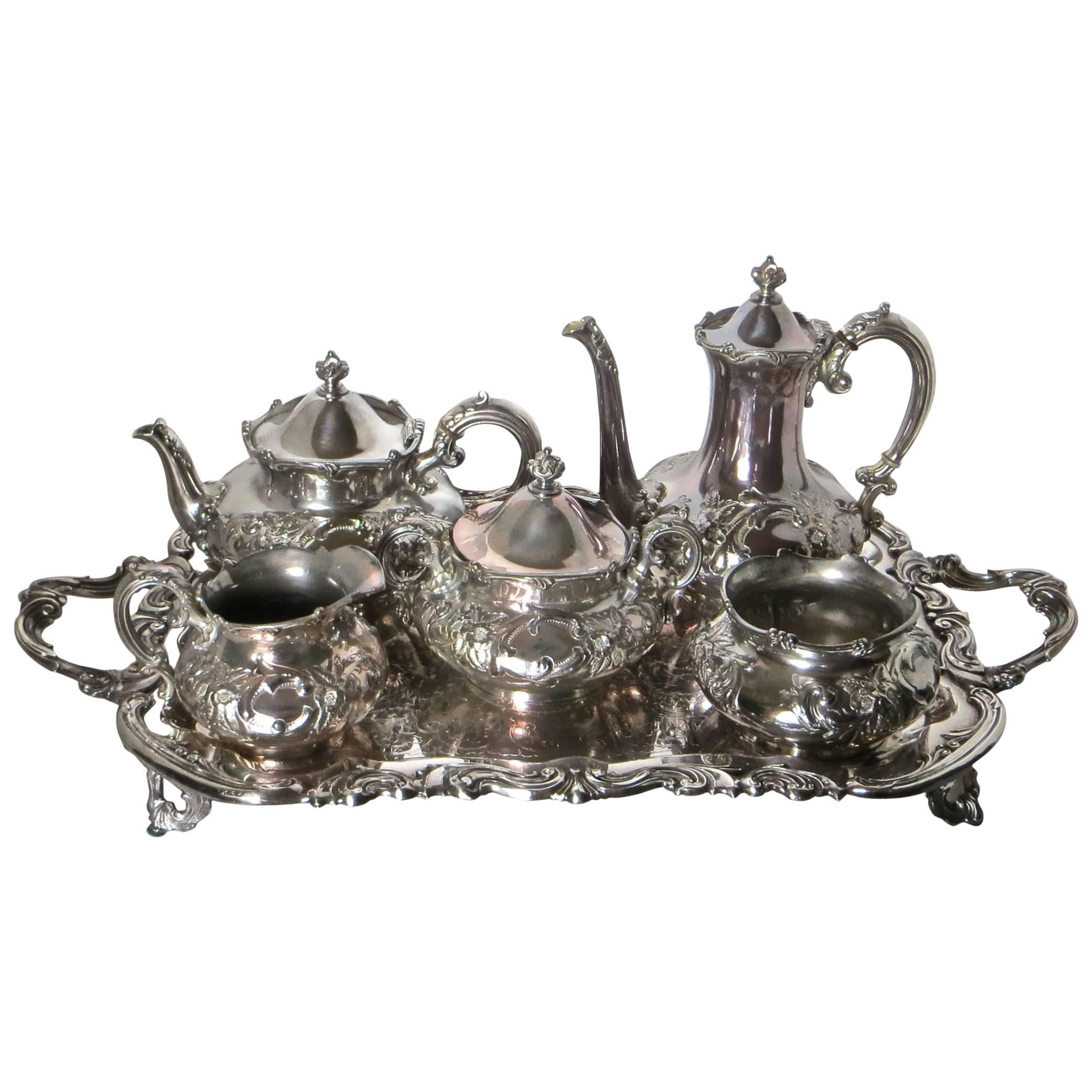 American Five-Piece Silver Plate Tea Service with Tray, Late 19th Century