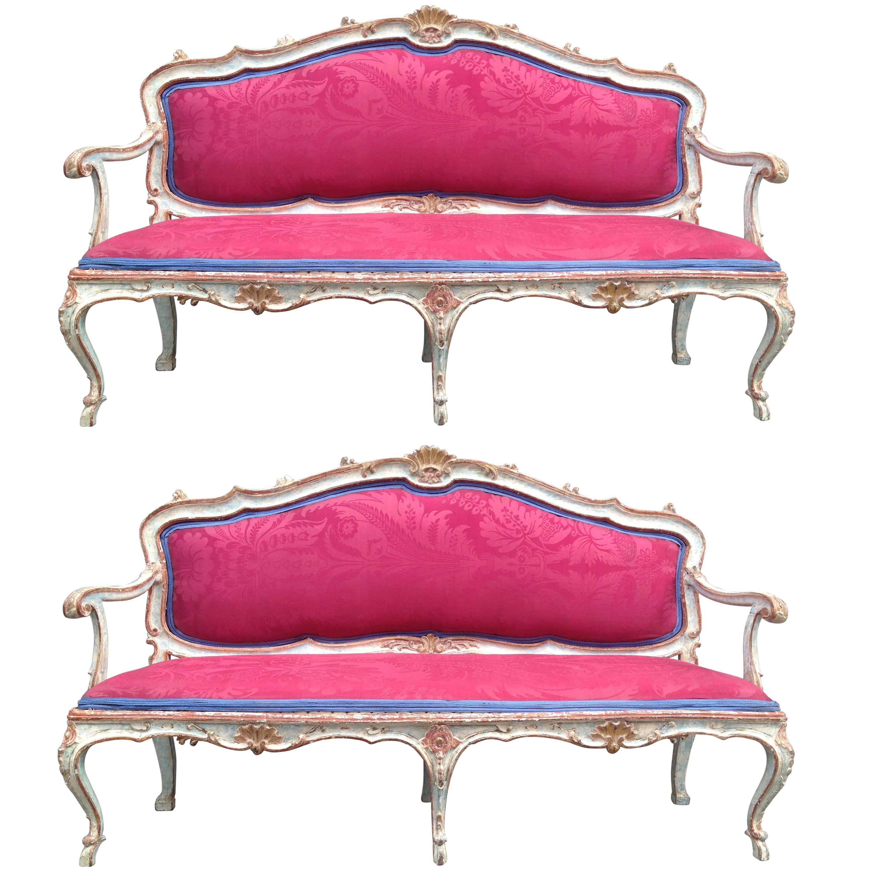 Splendid and Unique Pair of 18th Century Sicilian Rococo Sofas For Sale