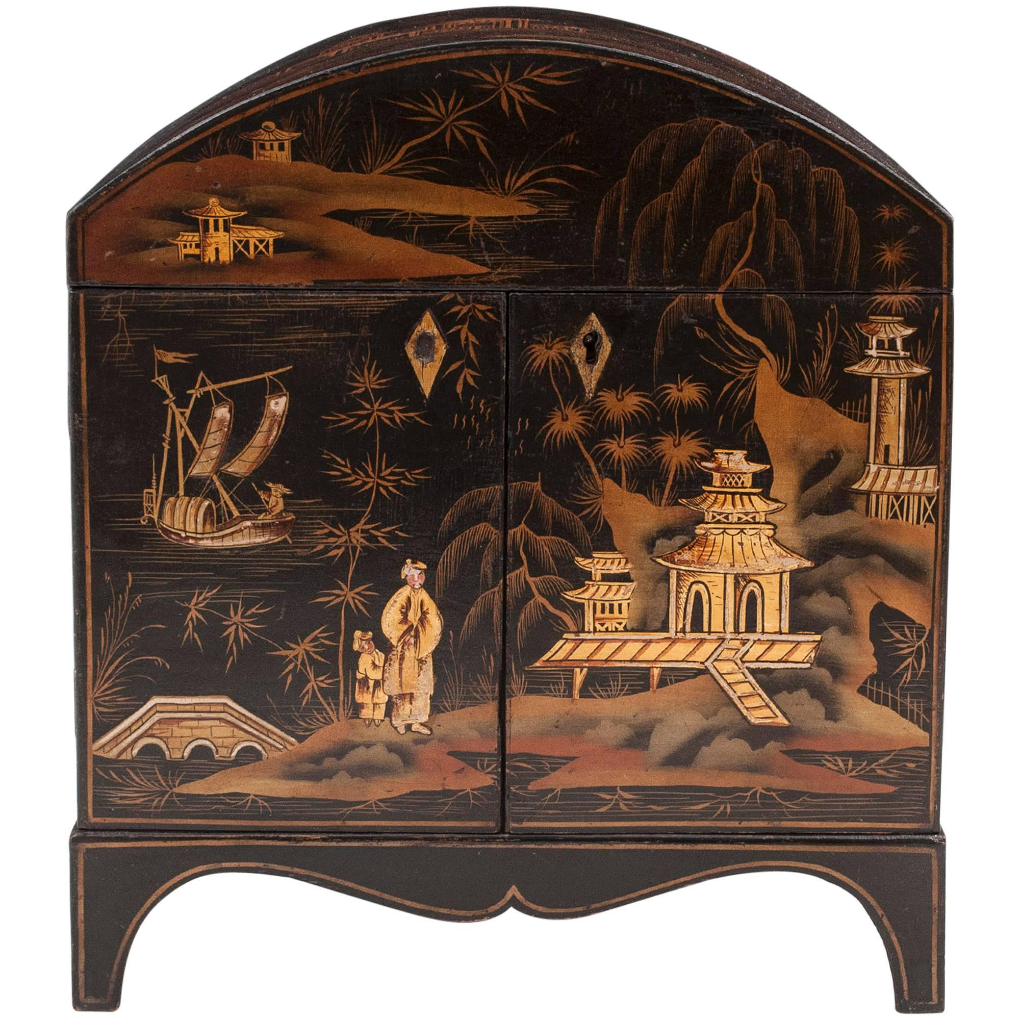 Antique 19th Century Japanned Chinoiserie Sewing Cabinet For Sale