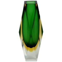 Mandruzzato Emerald Green and Yellow Faceted Sommerso Vase
