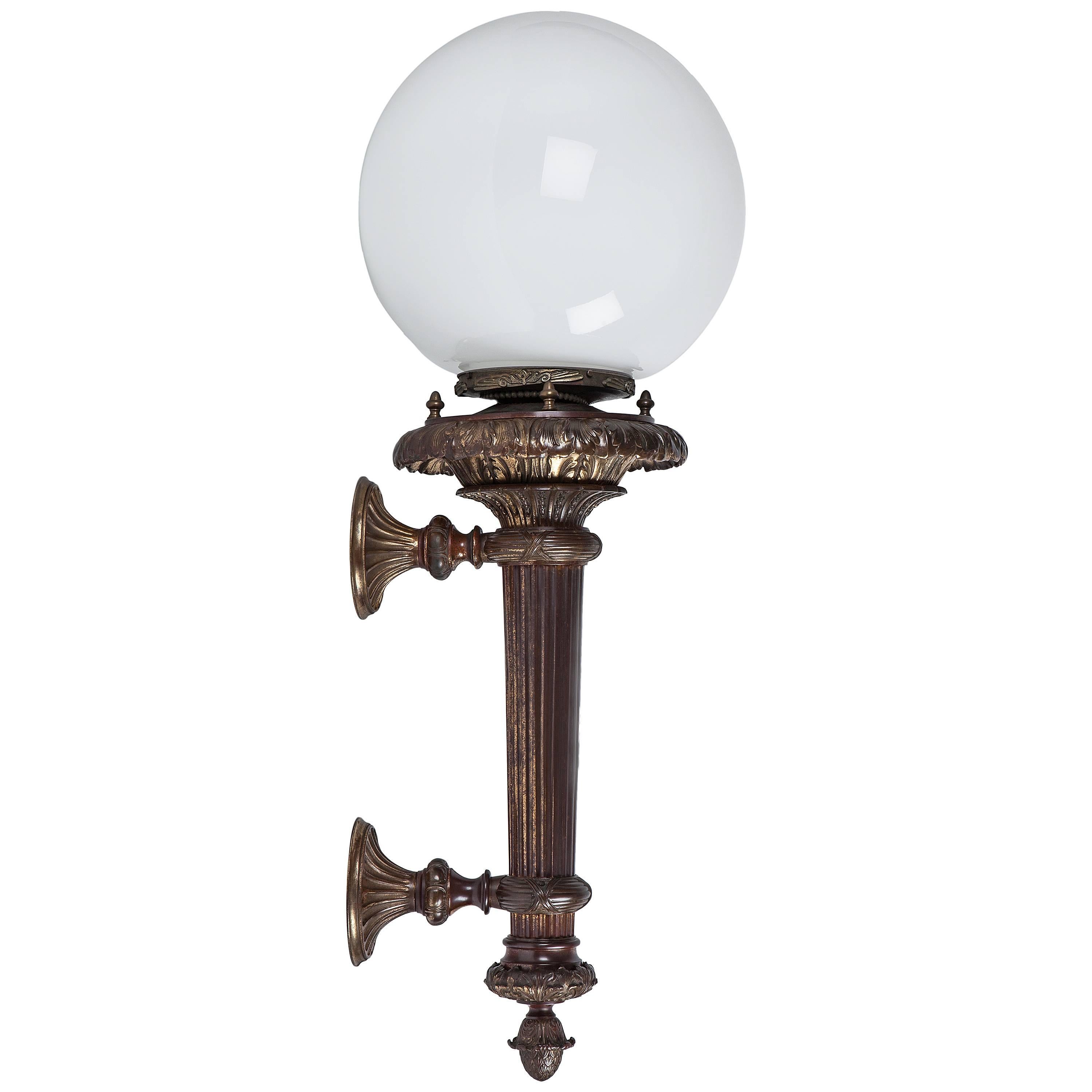Cast Bronze Empire Style Wall Sconces with Opal White Glass Globes, Circa 1900s For Sale