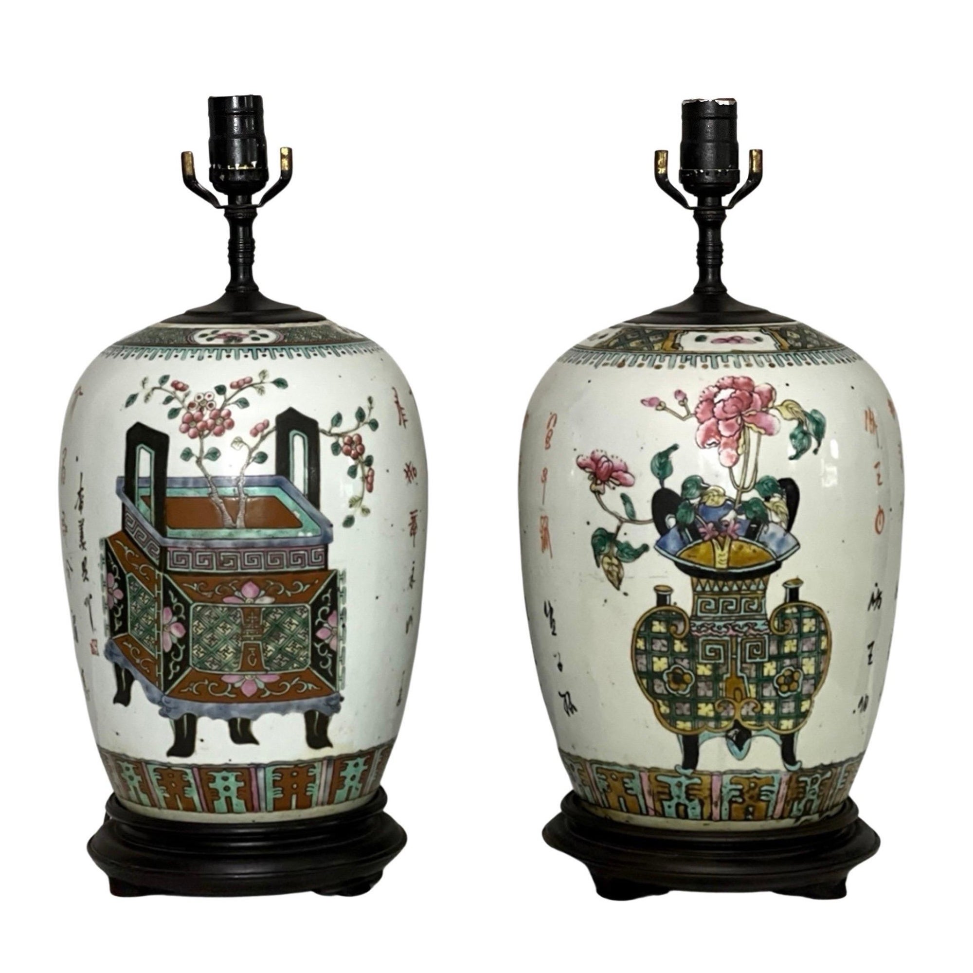 Pair of Antique Chinese Famille Rose Ginger Jar Lamps, c. 1900