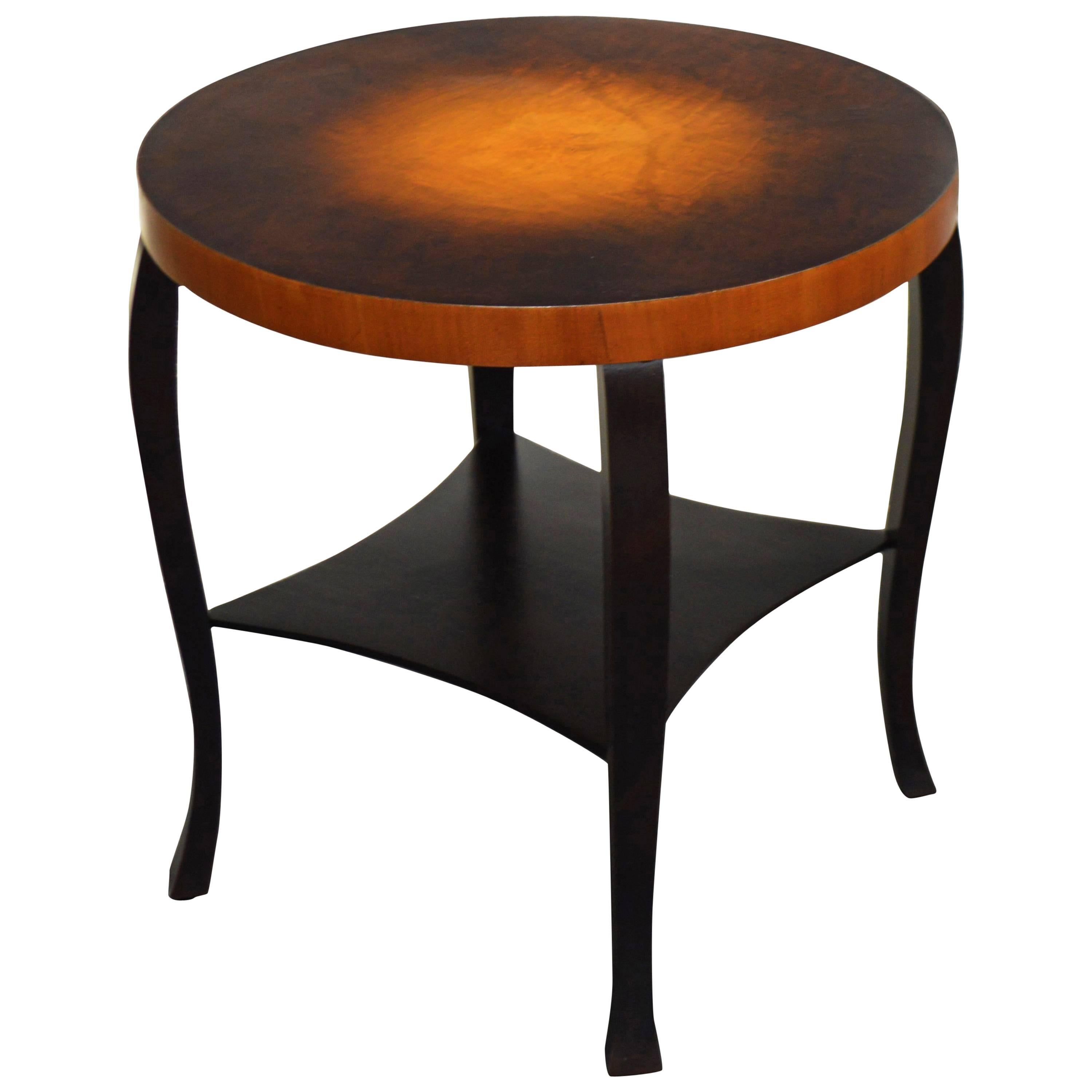 Swedish Art Deco Dark Flame Birch and Golden Elm Side Table with Shelf For Sale