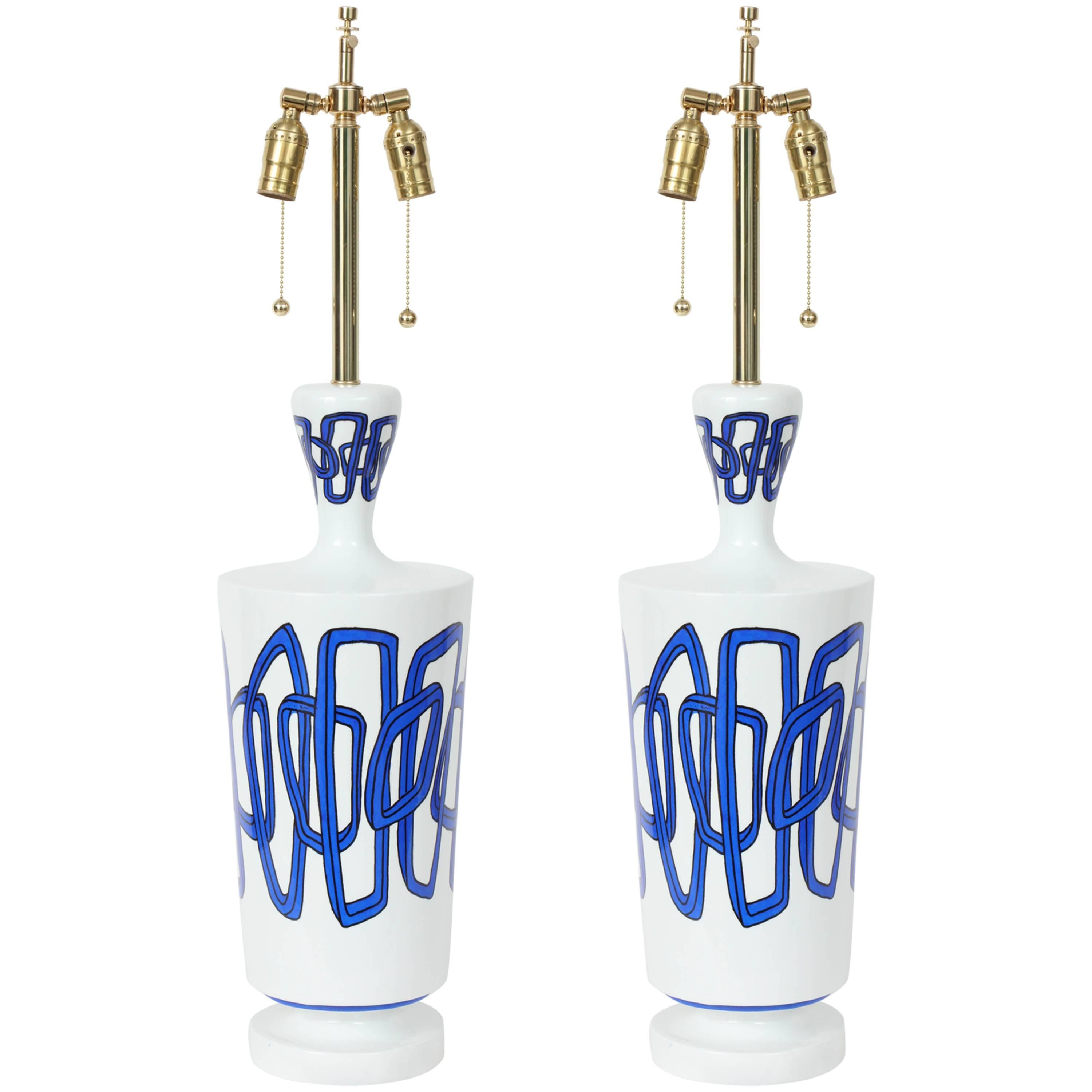 Nicolas Blandin Blue Trimmed White Porcelain Ceramic Lamps 