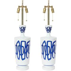 Nicolas Blandin Blue Trimmed White Porcelain Ceramic Lamps