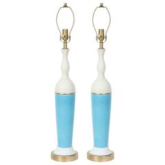 Pair of 1940s Ivory and Blue Ceramic Lamps