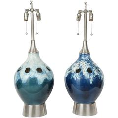 Vintage Pair of Italian Ocean Blue/Green Ceramic Lamps
