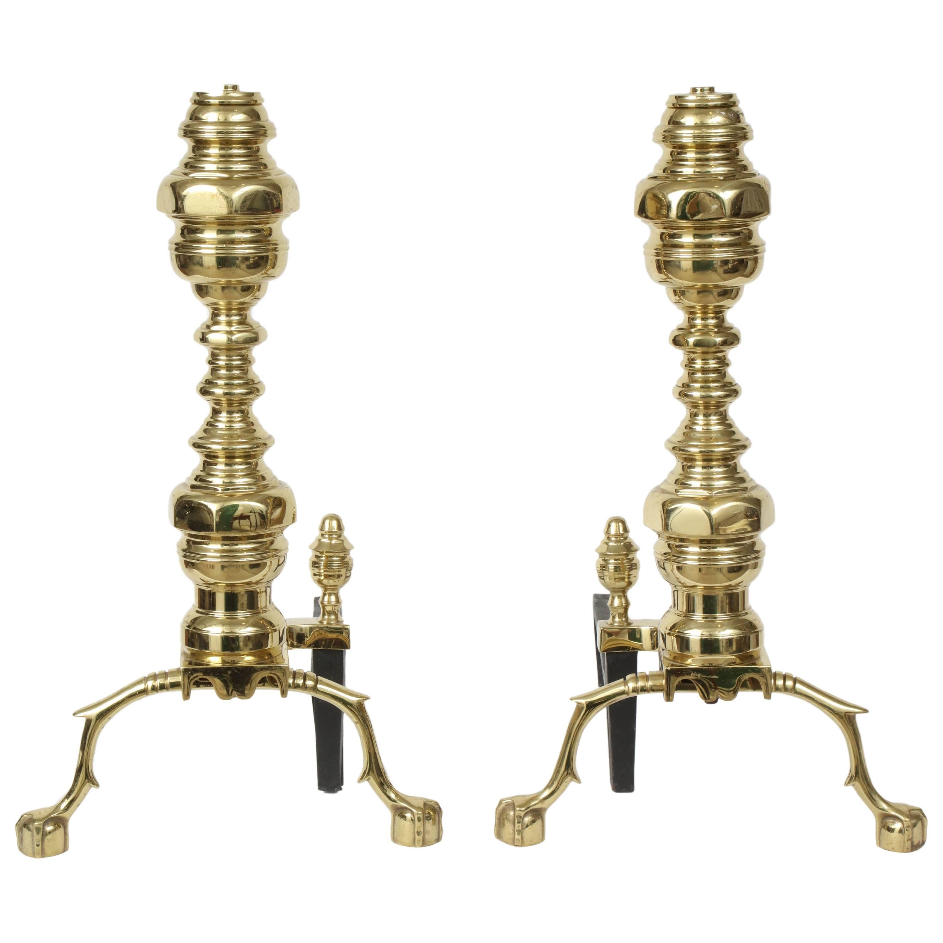 Pair of Massive Brass Engine Turned Andirons