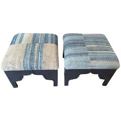 Fez Ottoman by Nathan Turner, Upholstered with Vintage Blue American Rag Rug