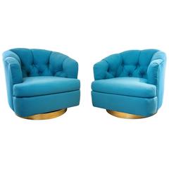 Pair of Vintage Swivel Chairs with Gold Bases in Aqua