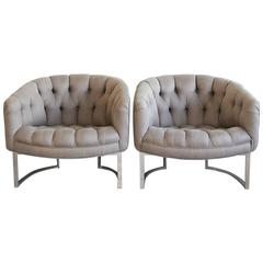 Elegant Pair of Biscuit Tufted Bucket Lounge Chairs by Milo Baughman