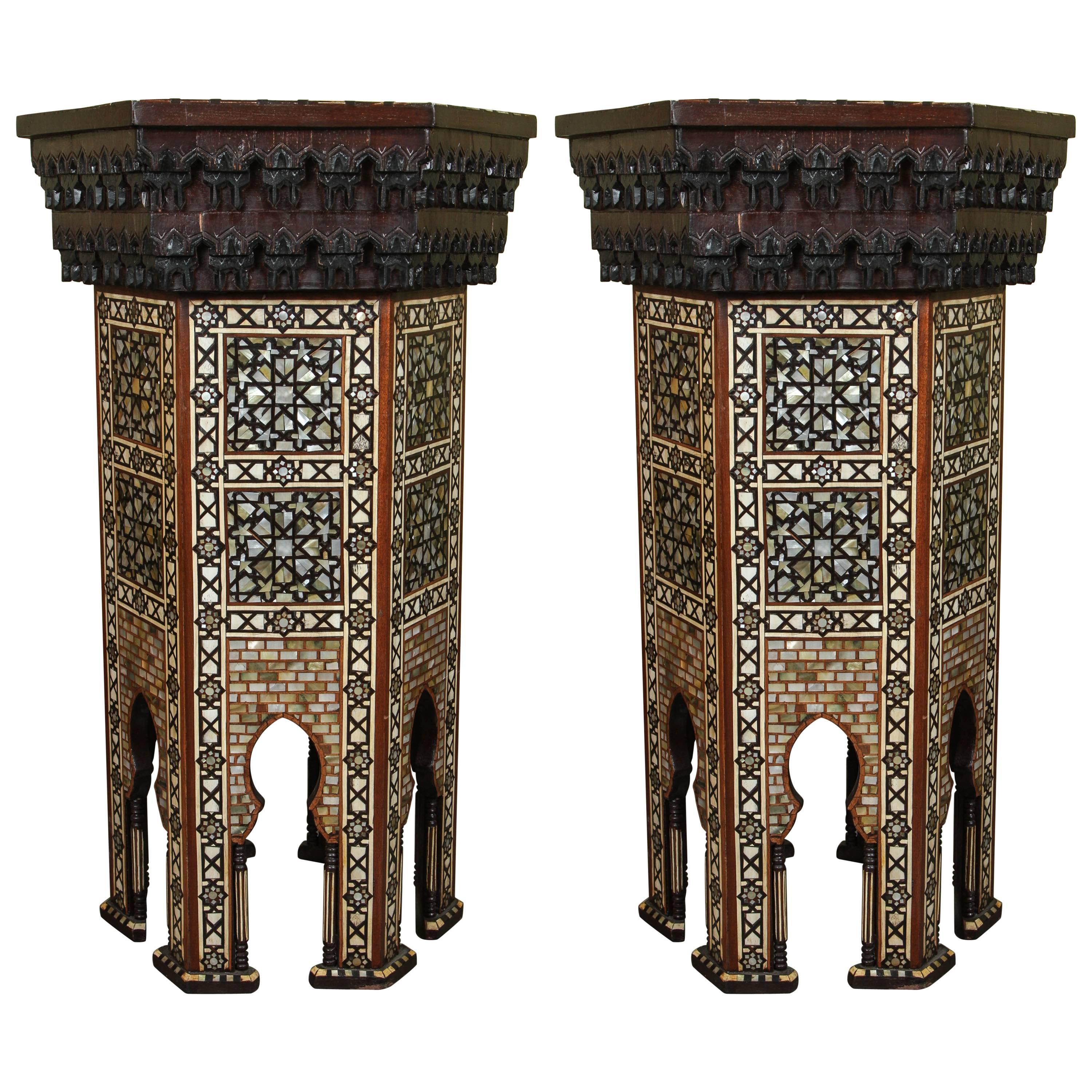 A Fine Pair of Moorish Mother-of-Pearl Inlaid Hexagonal Stands