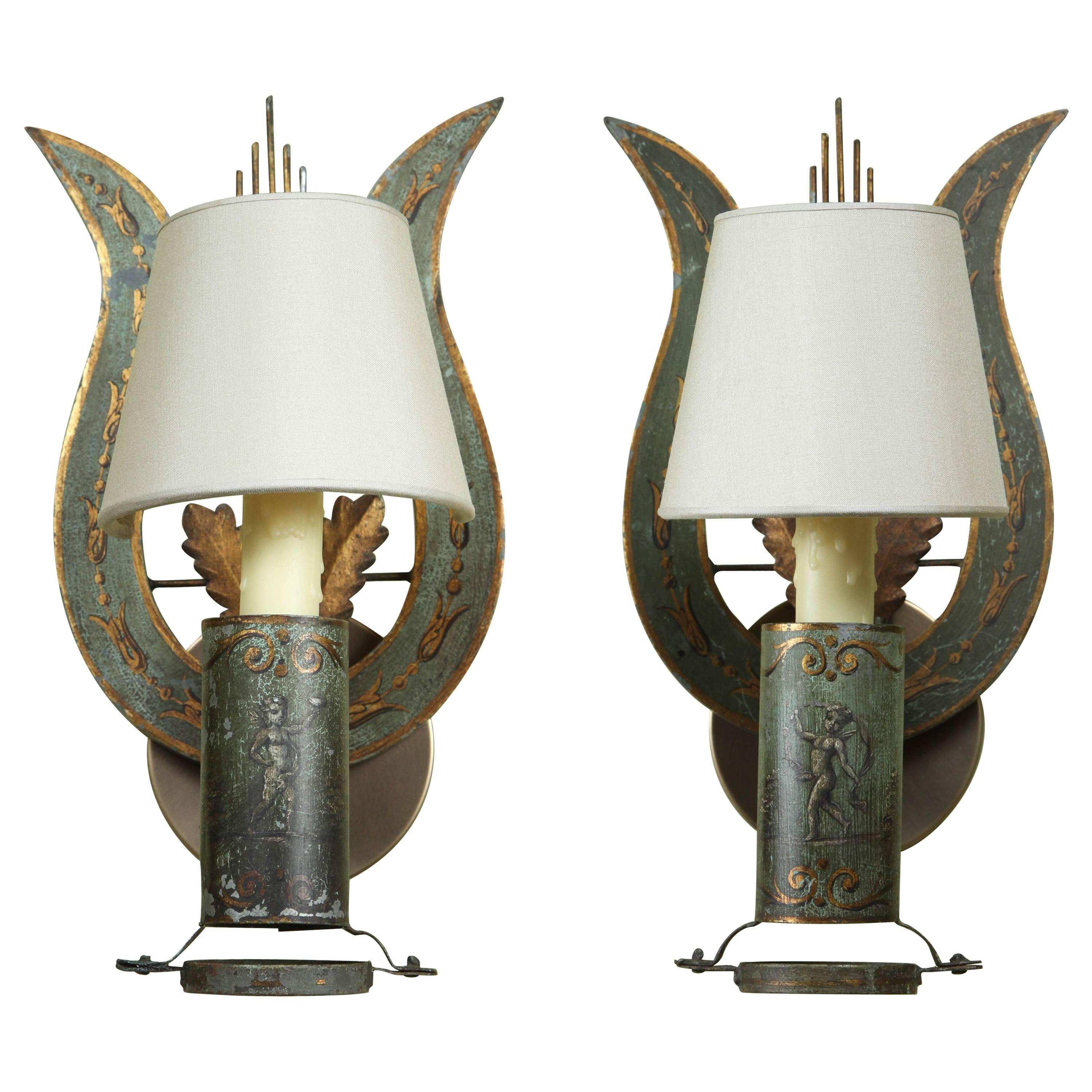 A pair of French Painted Tole Sconces, with a Lyre-shaped back, 19th c. For Sale