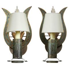 Antique A pair of French Painted Tole Sconces, with a Lyre-shaped back, 19th c.