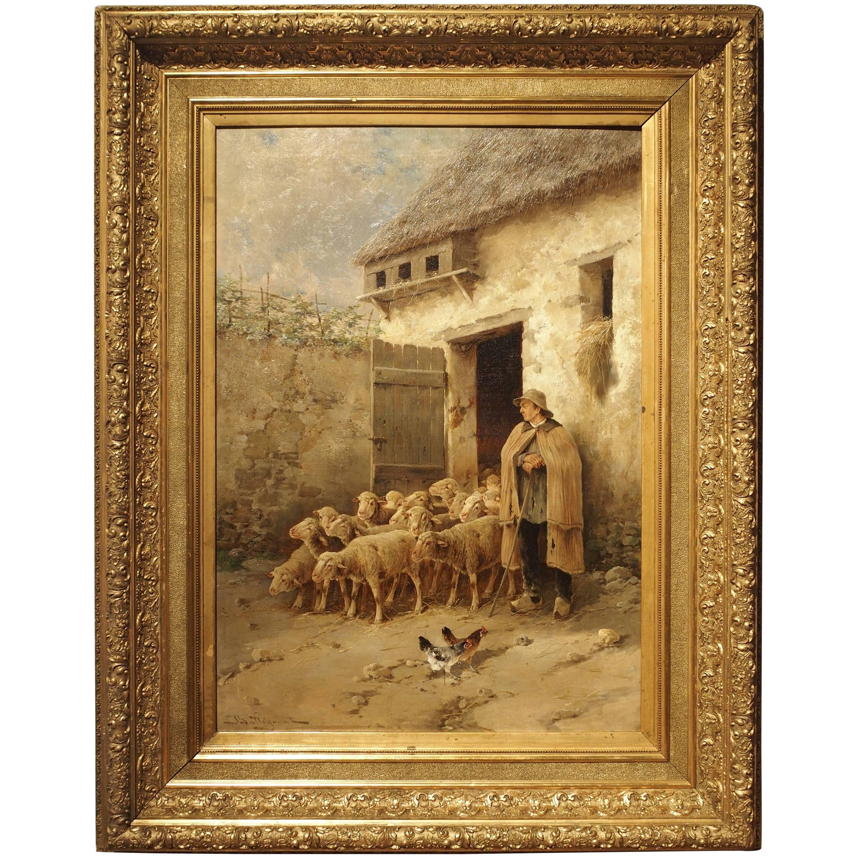 Large Antique Belgian Sheep Painting by Jules Bahieu