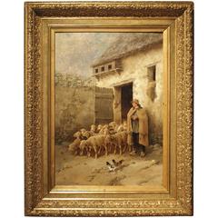 Large Antique Belgian Sheep Painting by Jules Bahieu
