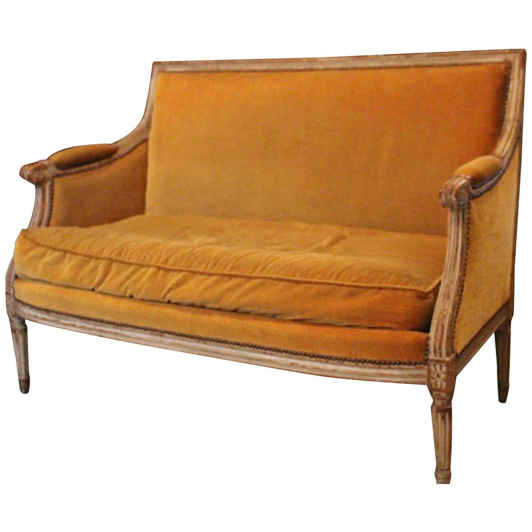 French Louis XVI Style Small Sofa with an Old Painted Finish