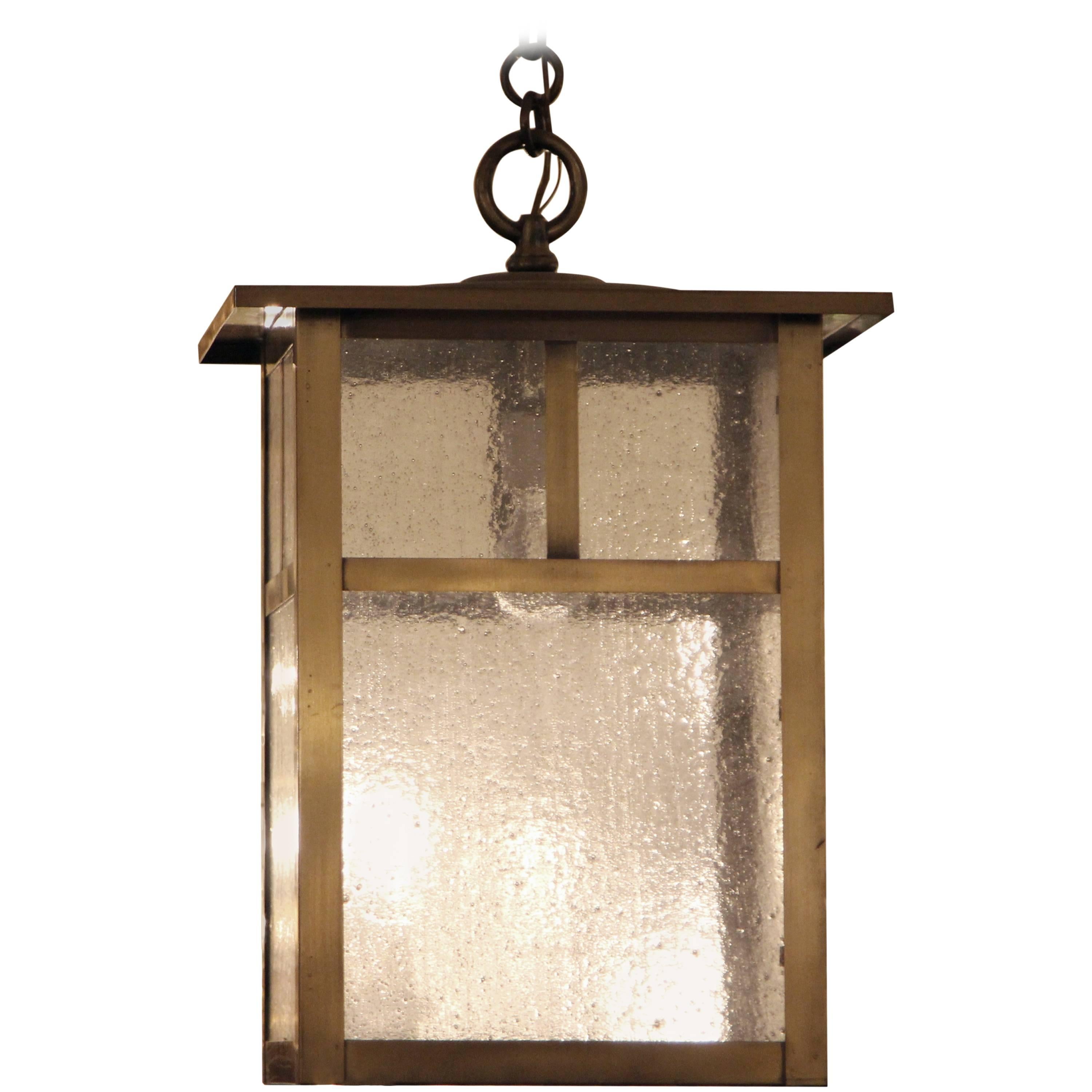 1980s Arts and Crafts Style Brass Lantern with Textured Clear Glass