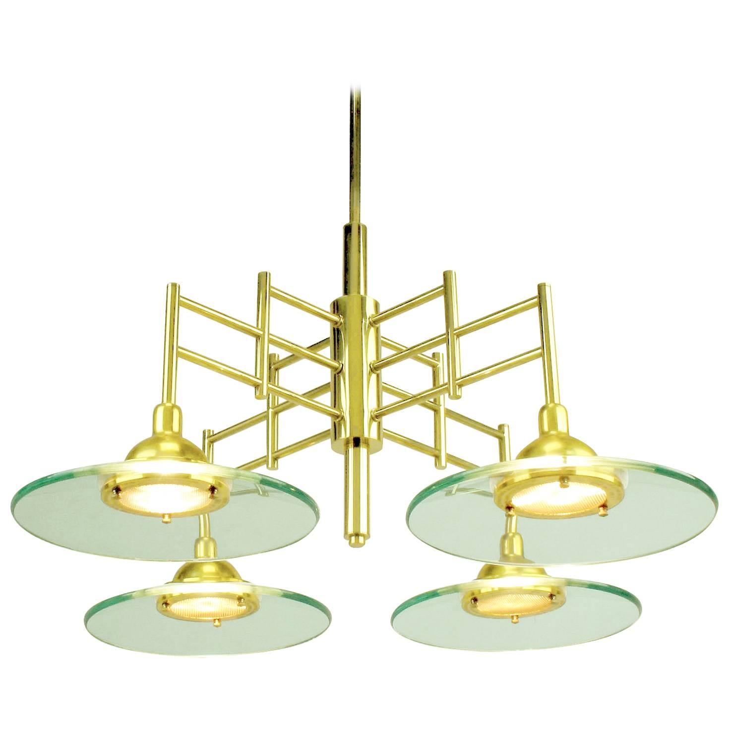 Architectural Four-Light Brass and Glass Pendant Halogen Chandelier For Sale