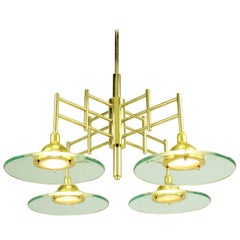 Architectural Four-Light Brass and Glass Pendant Halogen Chandelier