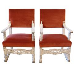 Neo-Gothic White Carved Armchairs, Pair 5