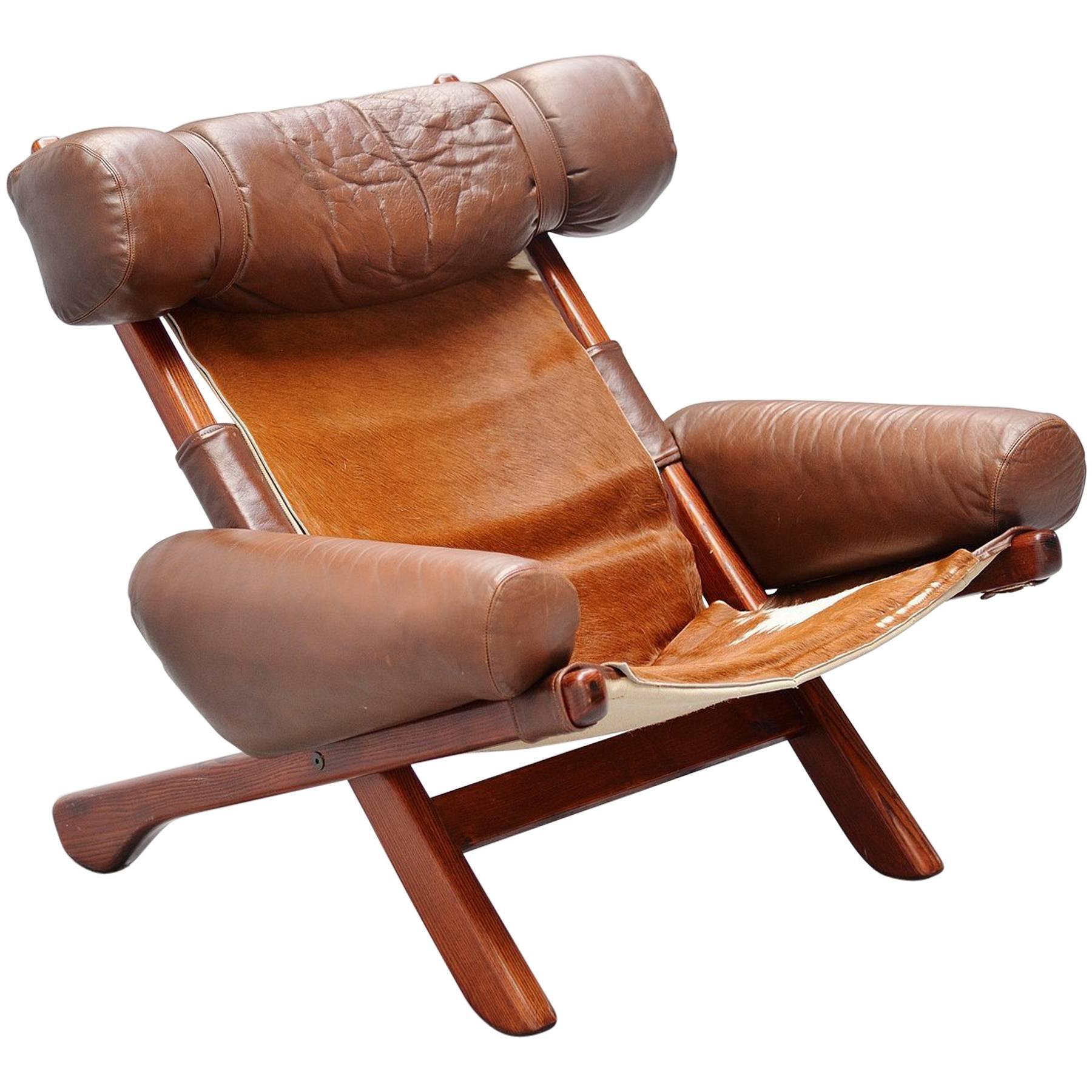 Unusual Lounge Chair with Cow Skin Seat, Brazil, 1970