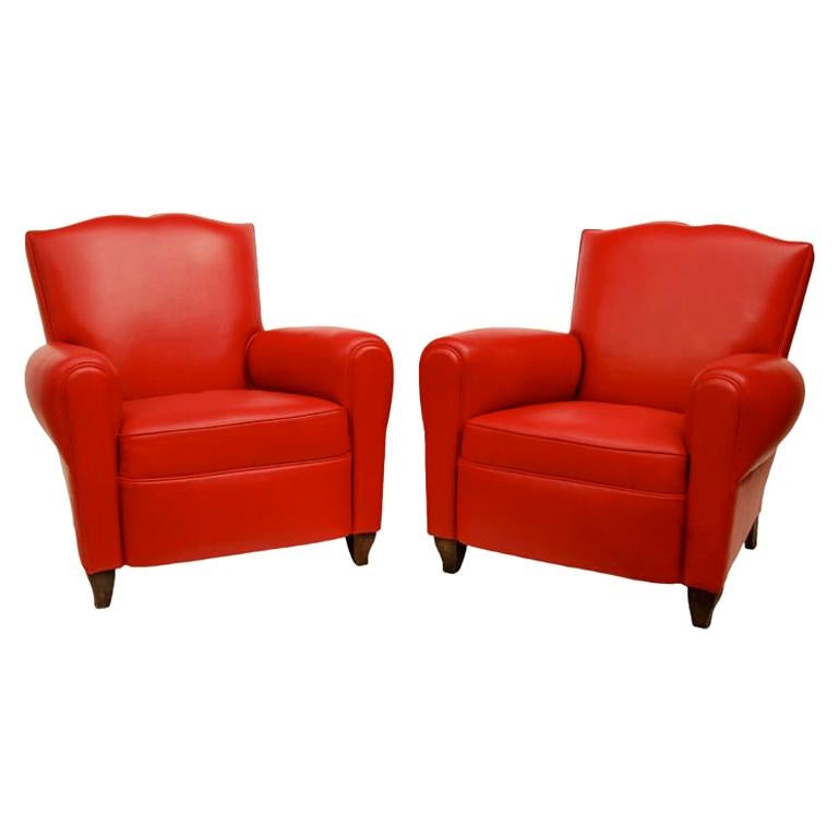 French Red Leather Club Chairs For Sale