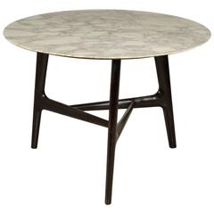 Elegant Round Table Ebony Stained Wood Marble Top Manufactured in Italy, 1950s