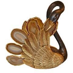 Swan Sculpture in Gilt and Silvered Bronze, Wings with Mounted Agate