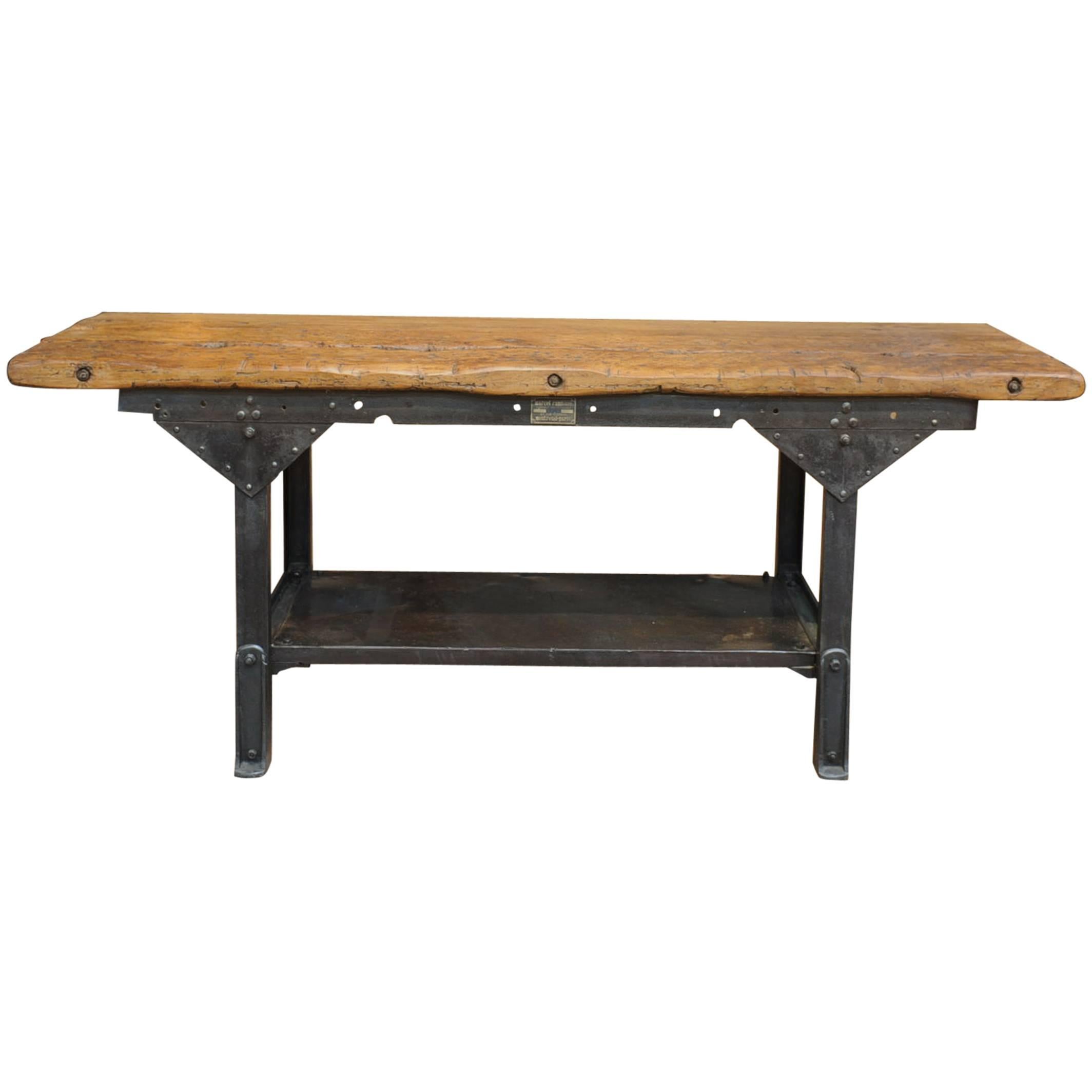 Industrial French Factory Iron and Wood Console Table, circa 1920