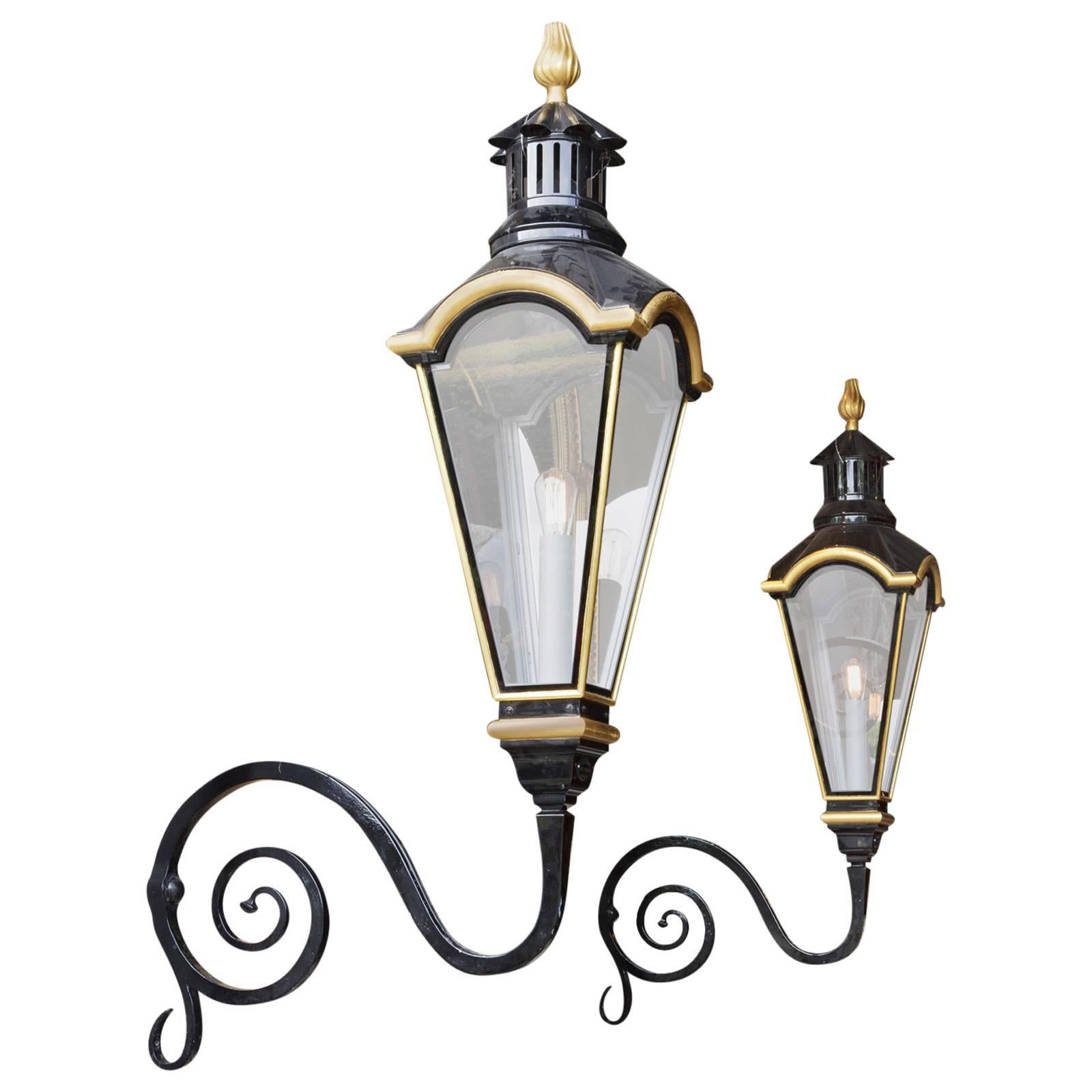 Pair of Dutch Copper Wall Lanterns of Monumental Size with Wrought Iron Arms For Sale