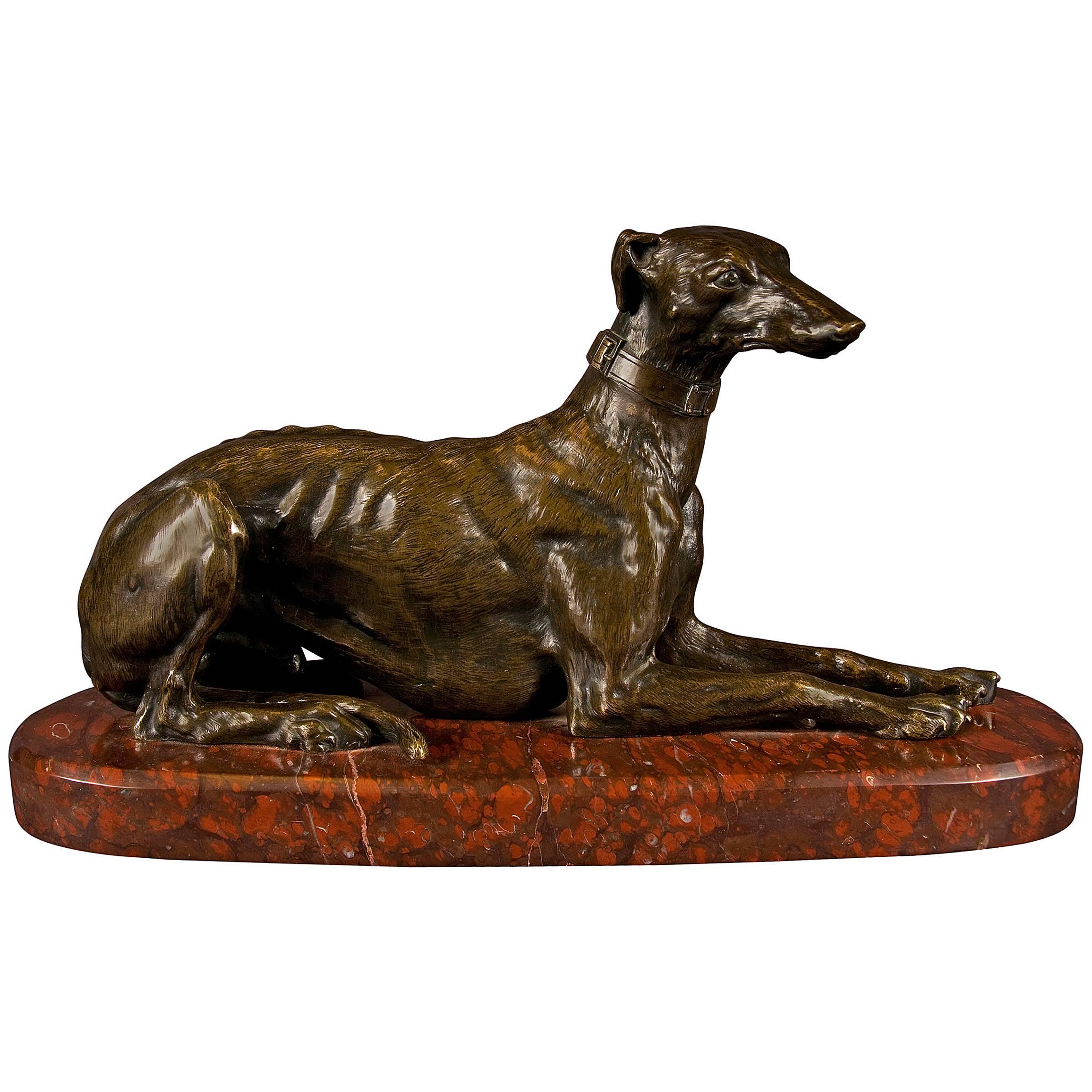 Patinated Bronze Greyhound on a Marble Base Signed Fratin, France, 19th Century For Sale