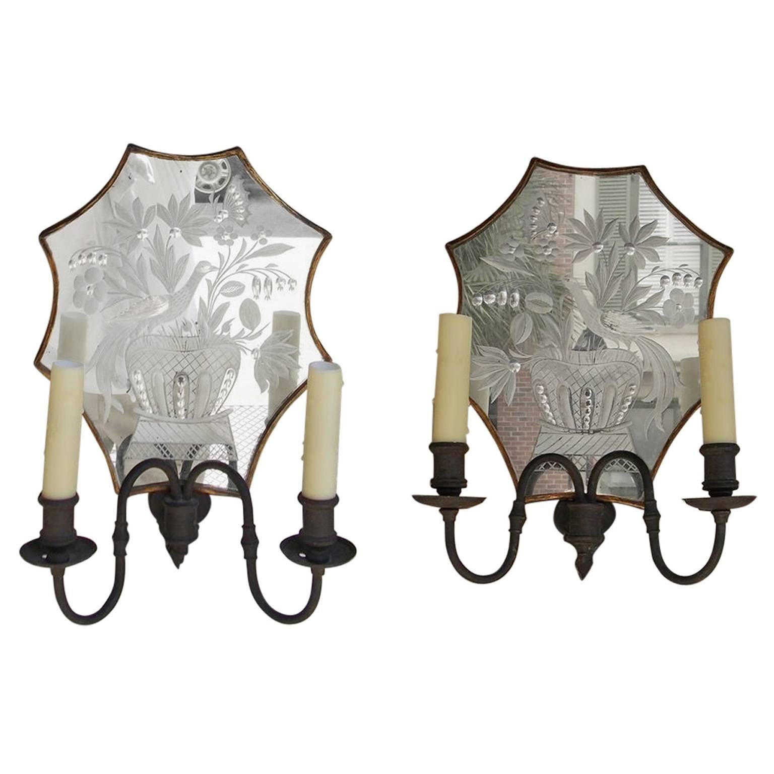 Pair of Venetian Bronze & Decorative Etched Mirrored Wall Sconces, C. 1800
