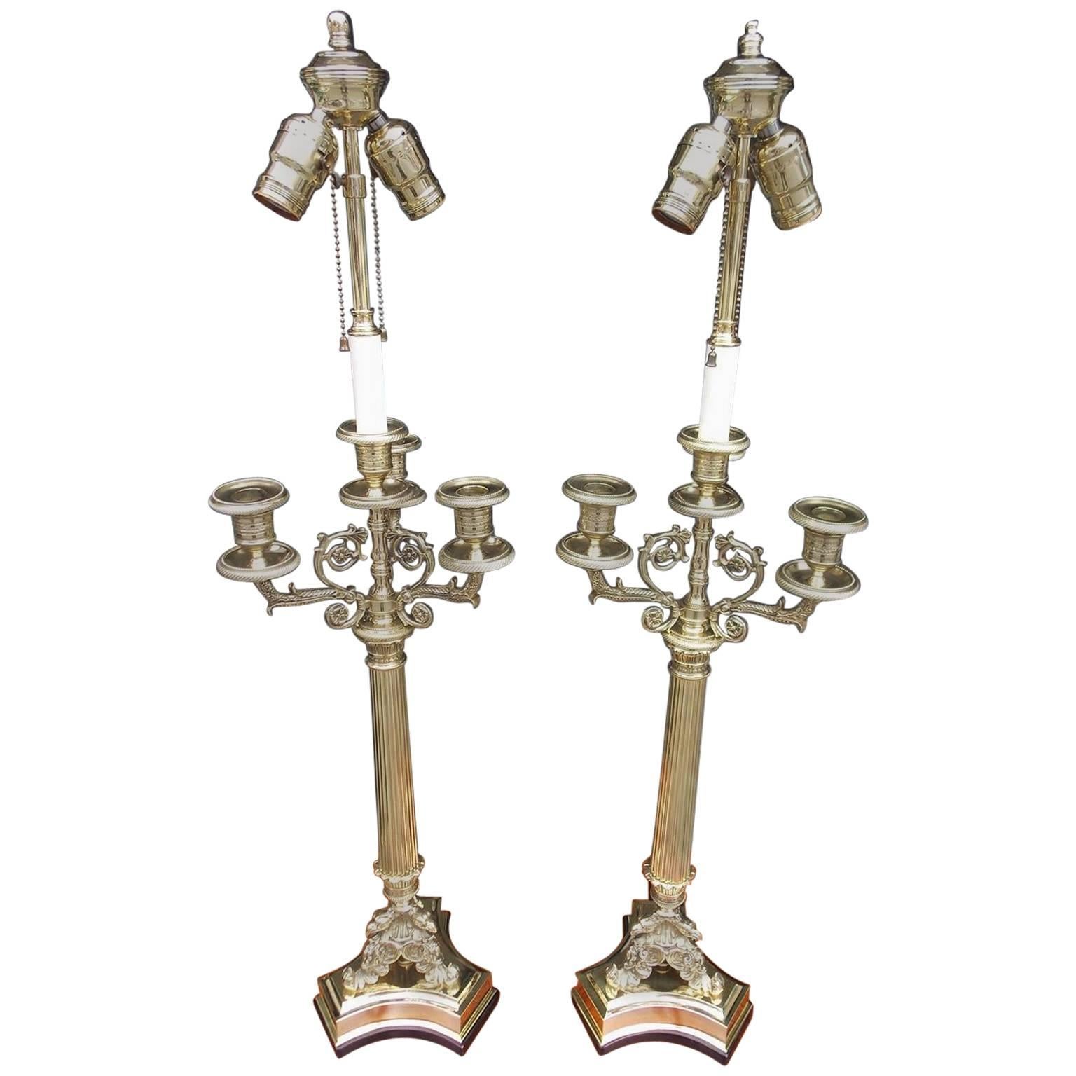 Pair of French Brass Candelabra Lamps with Eagle Acanthus Motif, Circa 1820