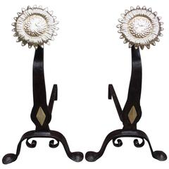 American Brass & Wrought Iron Sunflower Medallion Andirons, Circa 1870