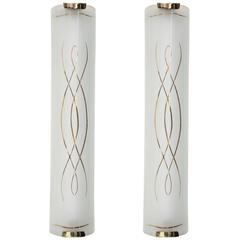 French Art Deco Sconces in Frostened  Glass and Bronze in the J. Leleu Style