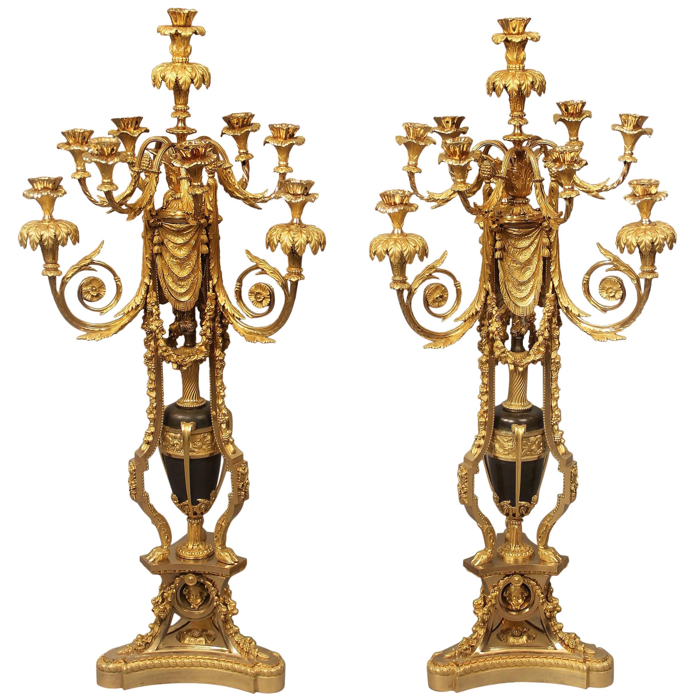 Exceptional Pair of 19th Century Gilt Bronze and Enamel Candelabra