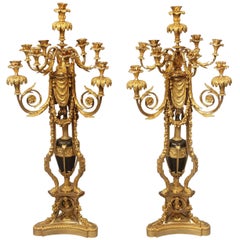 Antique Exceptional Pair of 19th Century Gilt Bronze and Enamel Candelabra