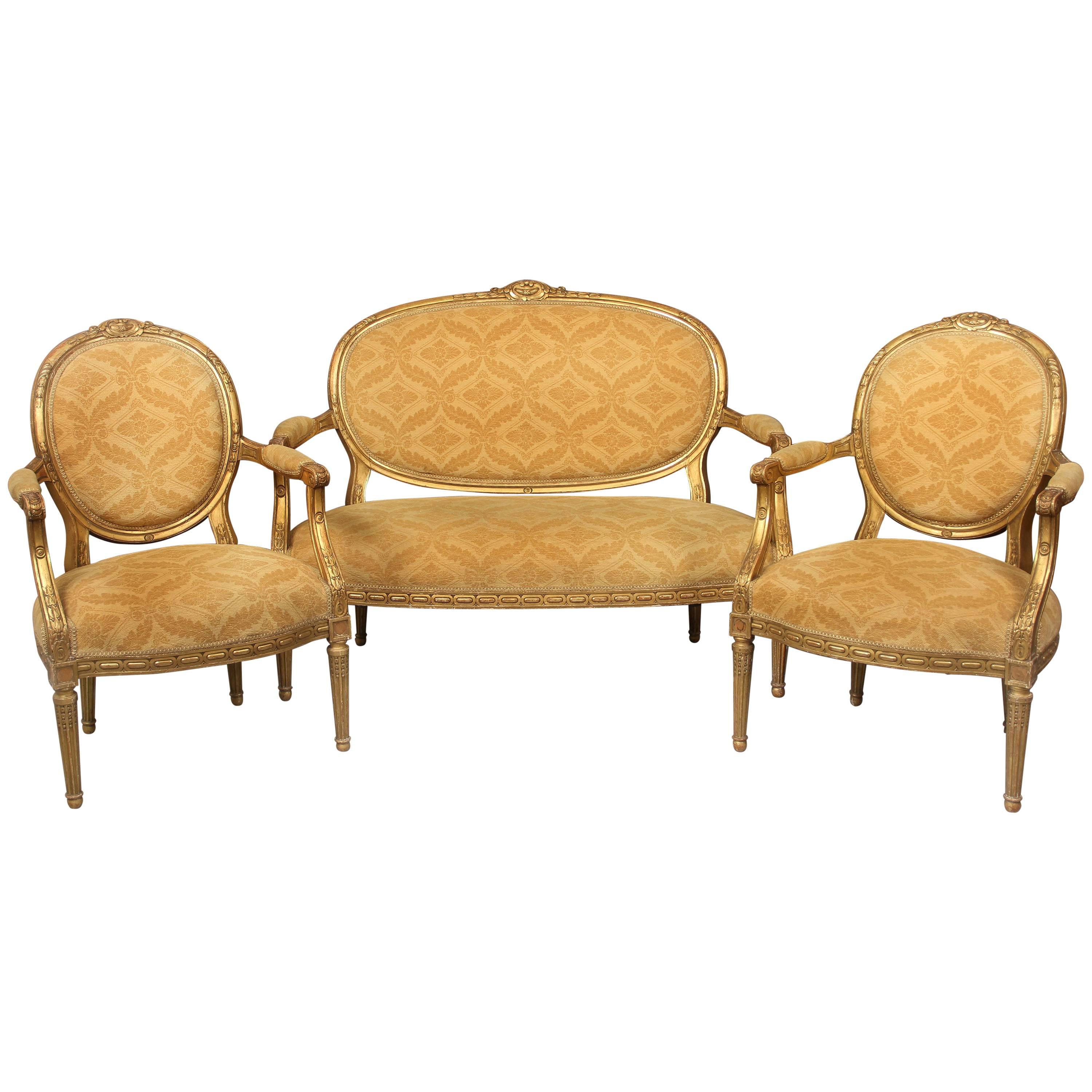 19th Century Three-Piece Louis XVI Style Giltwood Parlor Set