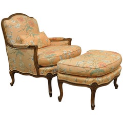 French Provincial Louis XV Style Shell Carved Bergere Arm Chair and Ottoman