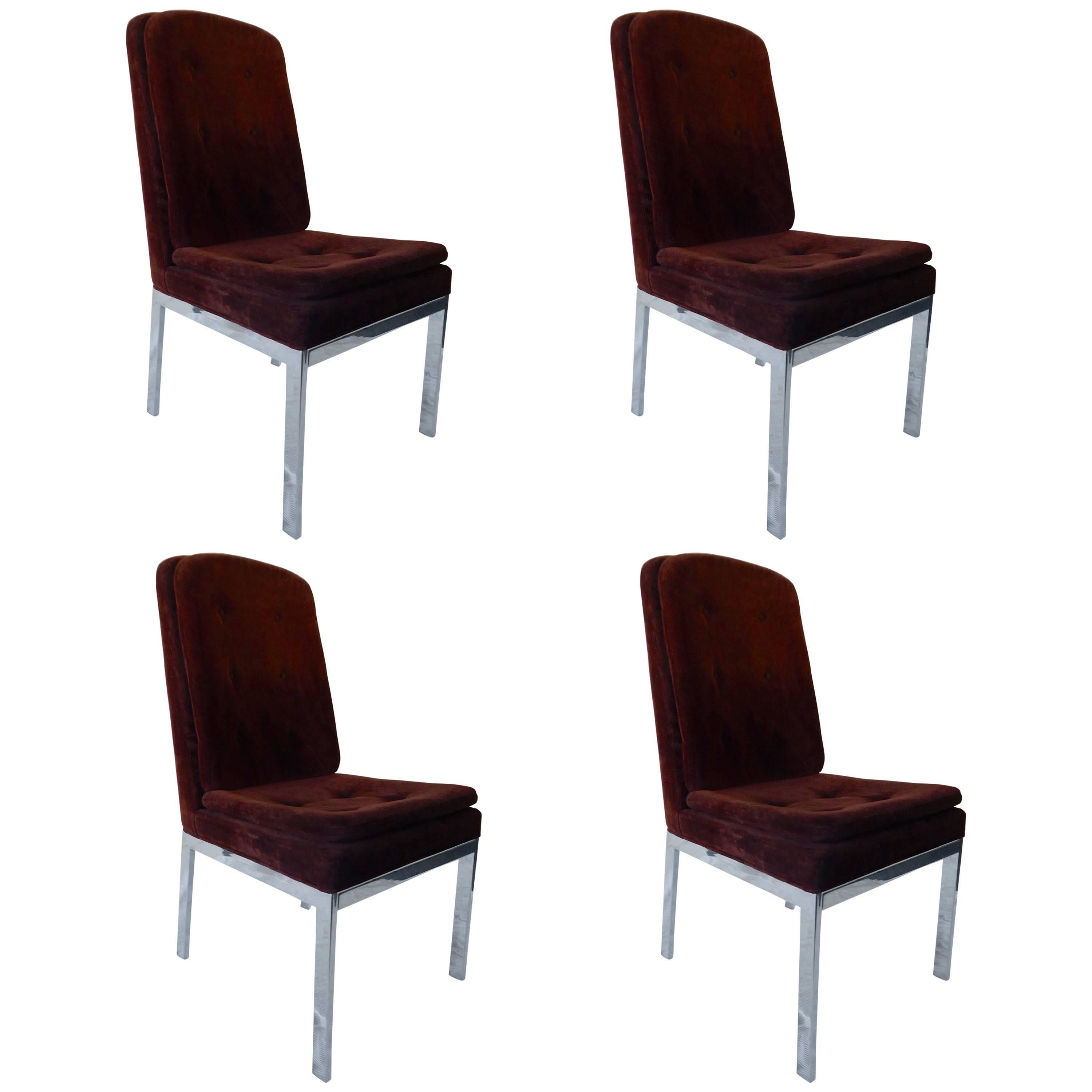 Set of Four Chrome and Velvet Dining Chairs