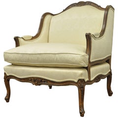 Vintage Wide Frame French Country Louis XV Style Floral Carved Bergere Arm Chair