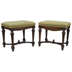 Pair of 1930s French Carved Walnut Louis XVI Style Victorian Stools Ottomans