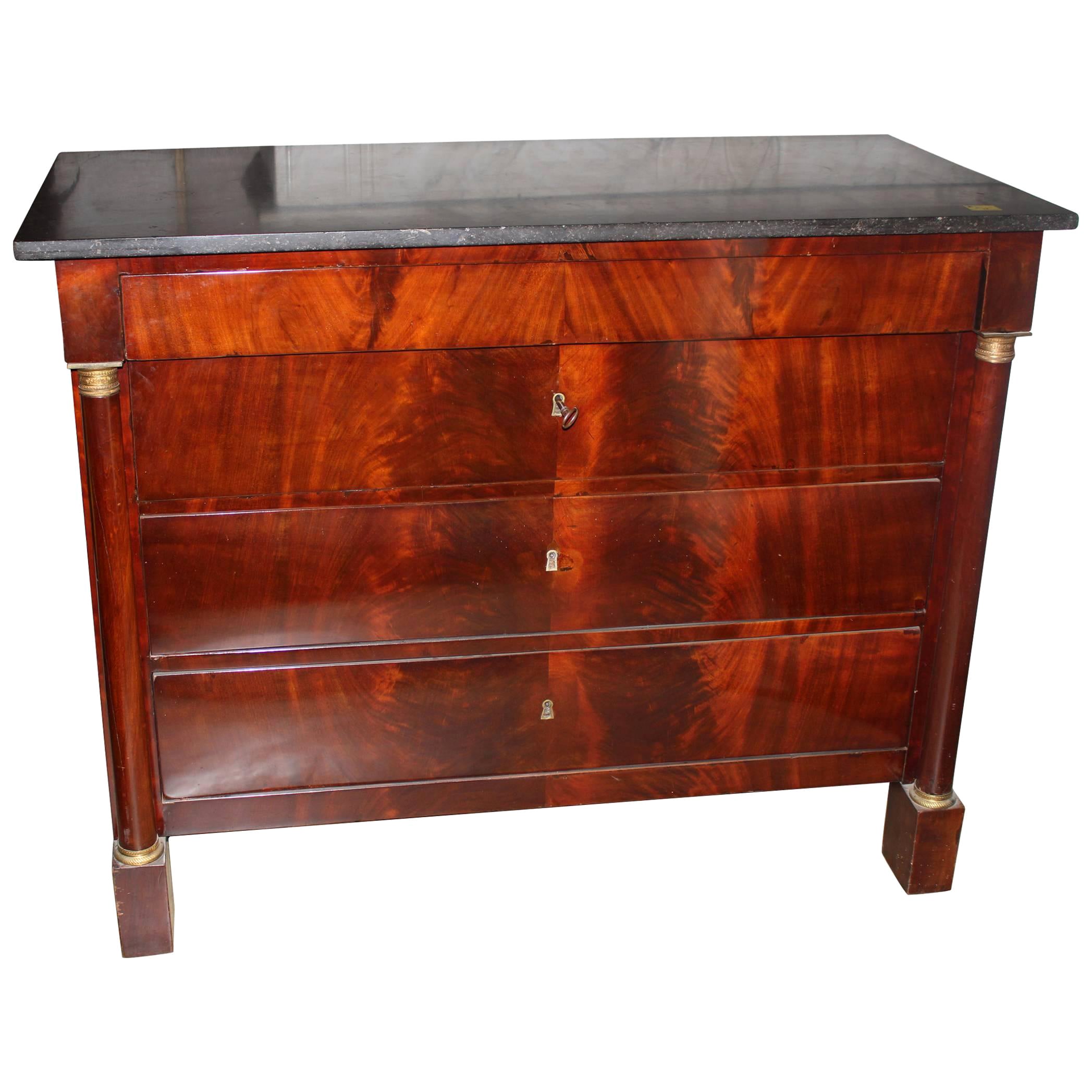 19th Century French Mahogany Chest of Drawers with a Dark Gray Stone Top For Sale