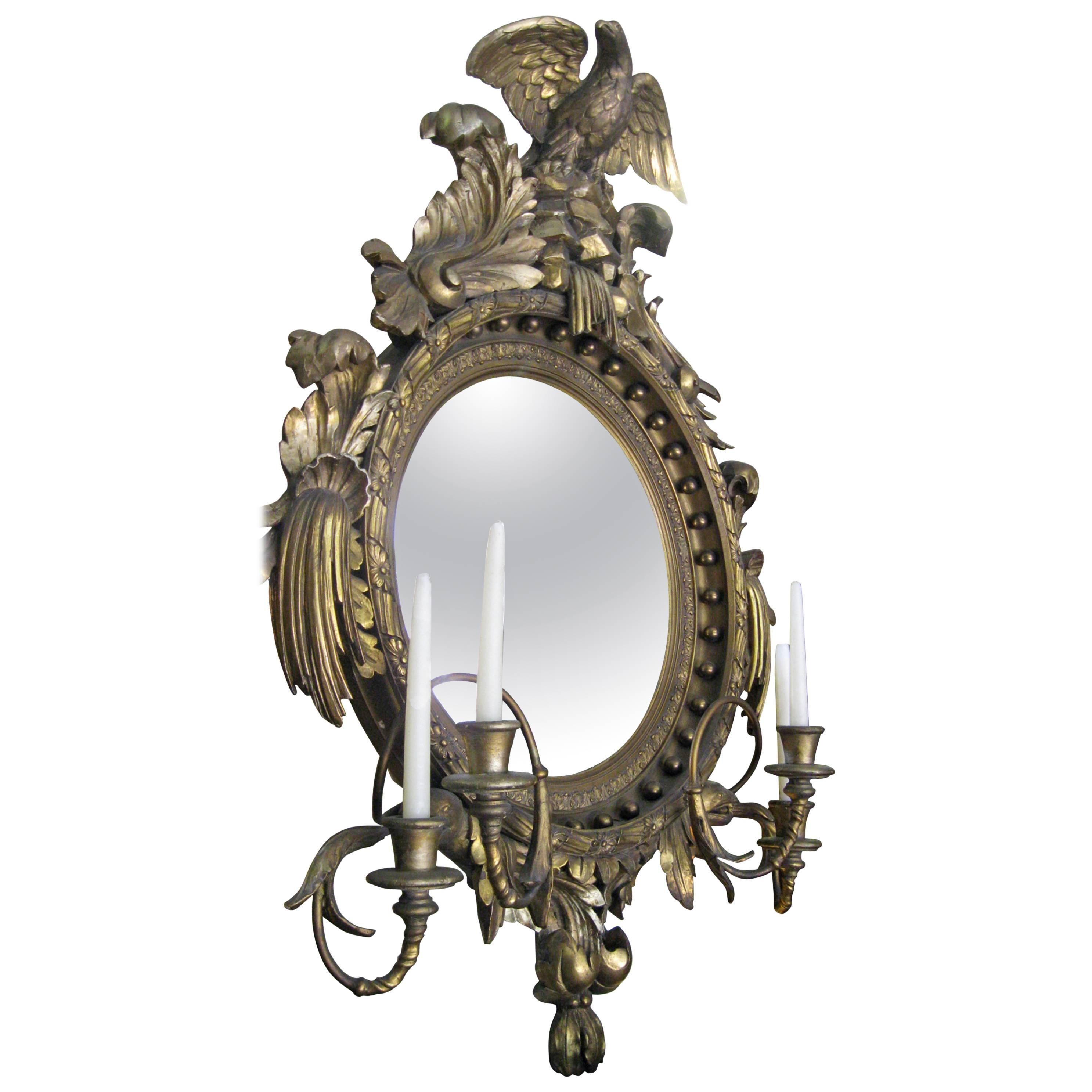 19th Century American Giltwood Convex Girandole Mirror