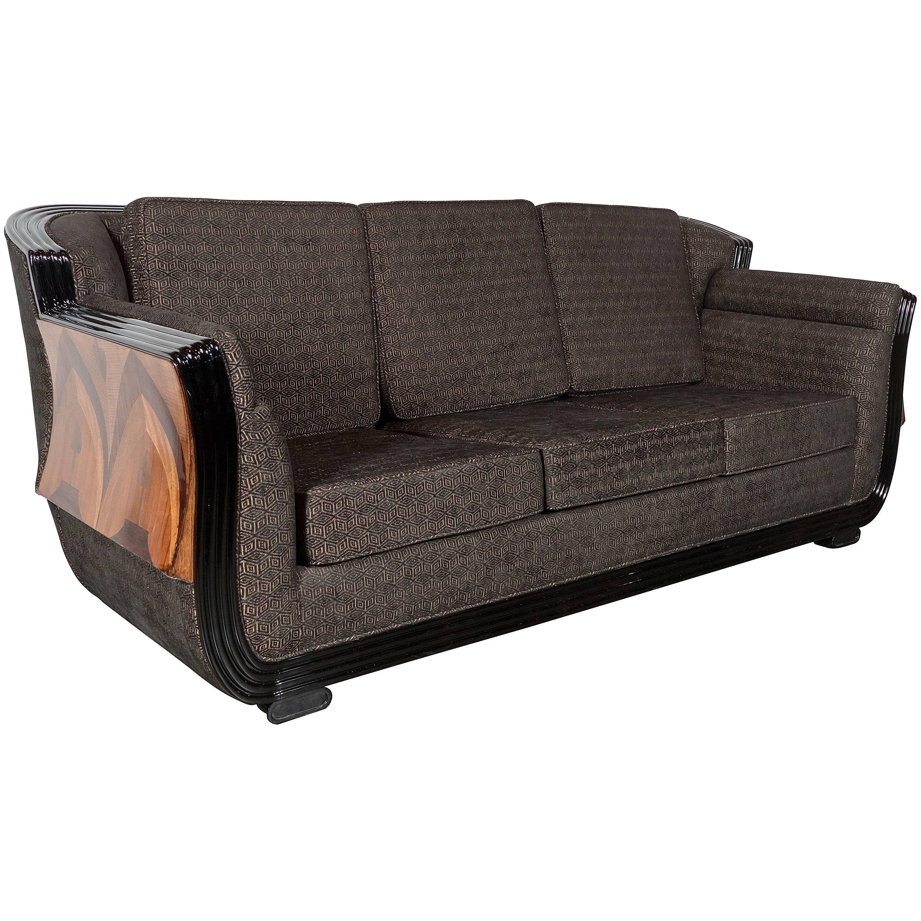 Cubist Art Deco Sofa w/ Walnut, Exotic Elm, Mahogany & Black Lacquer Detailing
