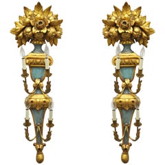 Vintage Pair 1950s Flower Carved Giltwood Italian Style Four Light Wall Sconces by Masa