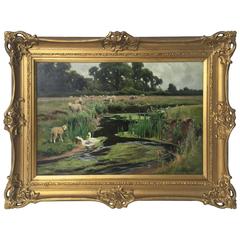 English Riverscape Oil Painting in Gilt Frame by A.W. Redgate